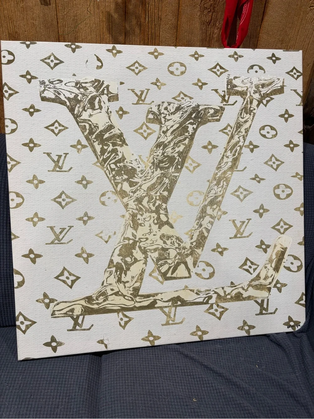 Oliver Gal Gold Glitter LV Monogram Canvas Wall Art 30x30